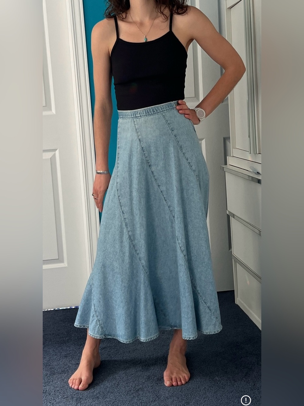 Vintage 90s Bias Cut Light Wash Blue Denim Maxi Skirt 100% Cotton